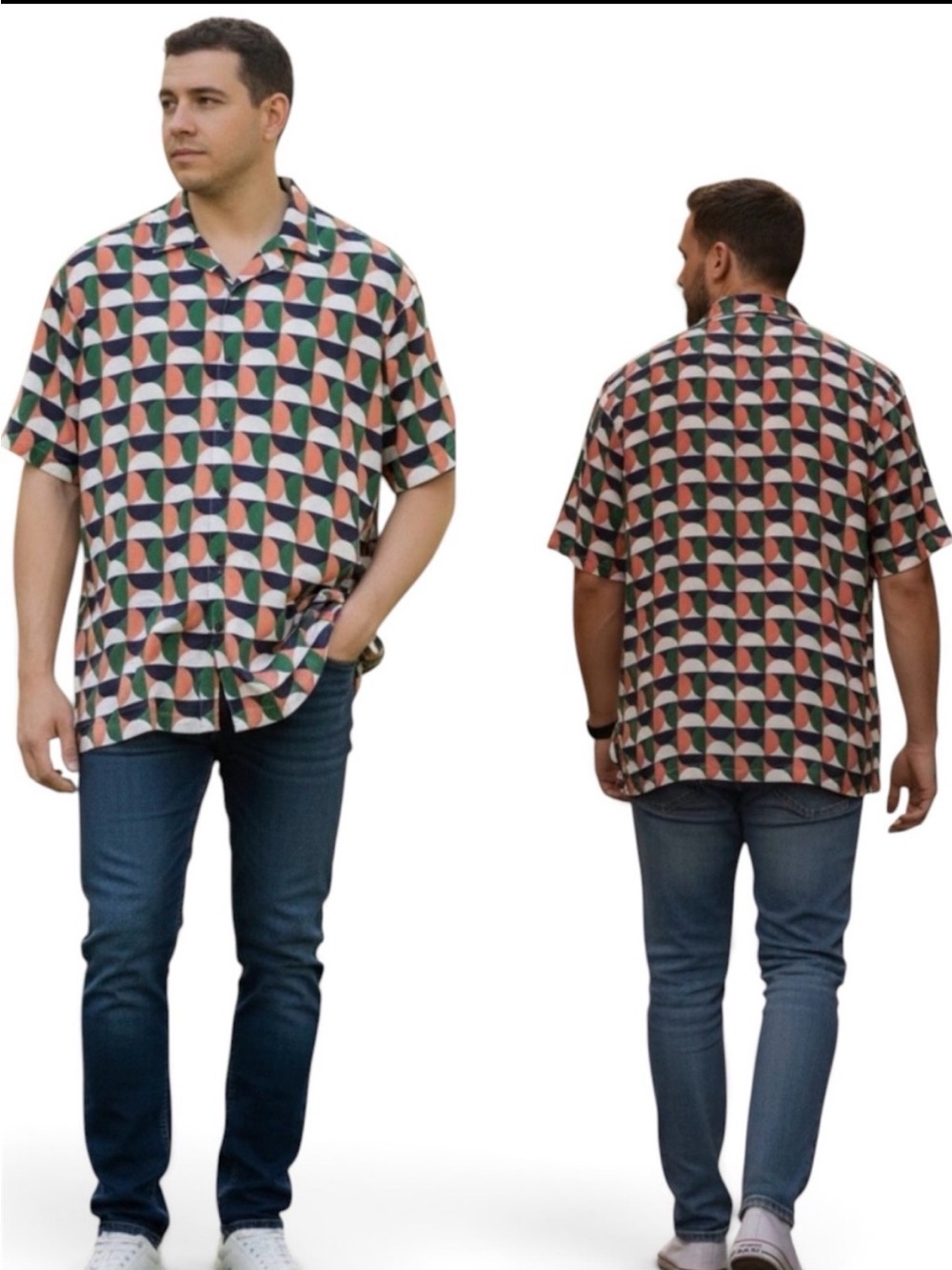 NWT Shaquille O’Neal Short-Sleeve Geo Print ButtonUp Shirt Green/Coral/Navy 4XLT